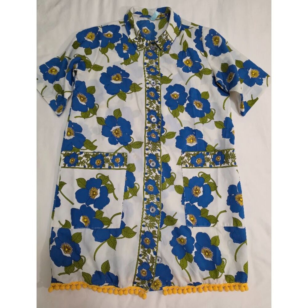 Retrodition One-of-a-Kind Showa Retro Mod Tunic Dress Blue Floral Pom-Pom Size M